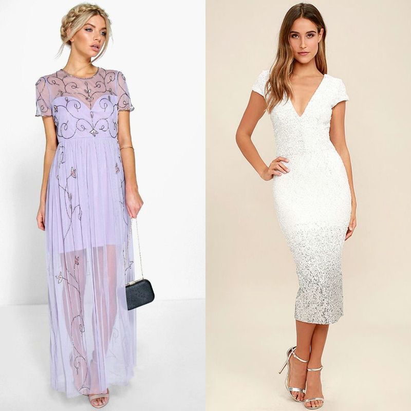 Woman in a lavender embroidered maxi dress with short sleeves and a black clutch, and woman wearing a white sequin midi dress with a deep V-neck and silver strappy heels
