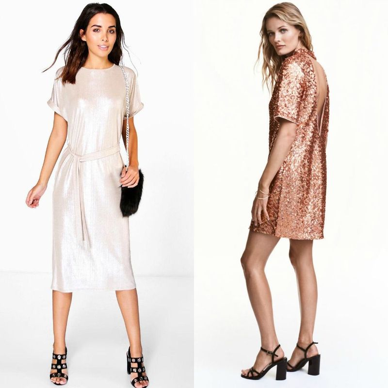Woman wearing a silver metallic midi dress with a tie waist and black strappy heels, alongside a woman in a rose gold sequin mini dress with an open back and black block heels