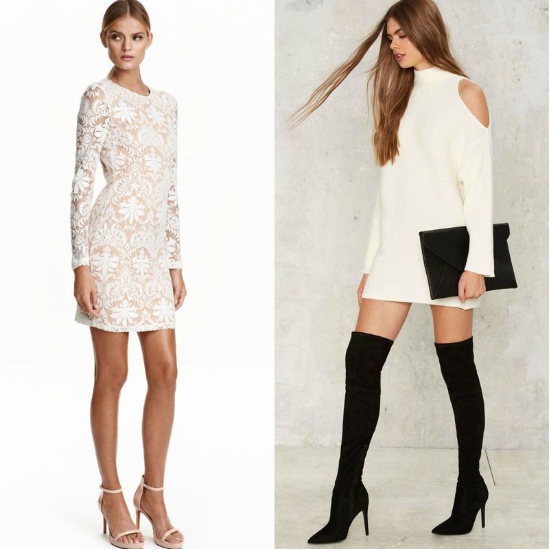 Woman wearing a white lace long-sleeve dress with nude strappy heels and another woman in a cream cold-shoulder sweater dress with black over-the-knee boots and a black clutch