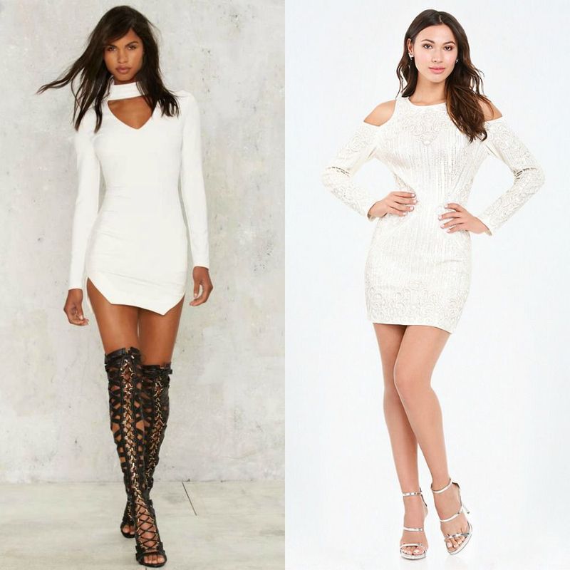 Woman wearing a white long-sleeve mini dress with a cut-out neckline and black thigh-high gladiator sandals, alongside a woman in a silver sequined cold-shoulder mini dress with metallic heels