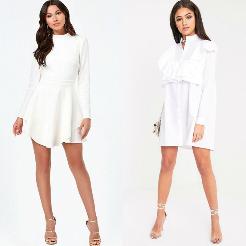 Woman wearing a white long-sleeve mini dress with a flared skirt and another in a white ruffled shirt dress with clear ankle strap heels