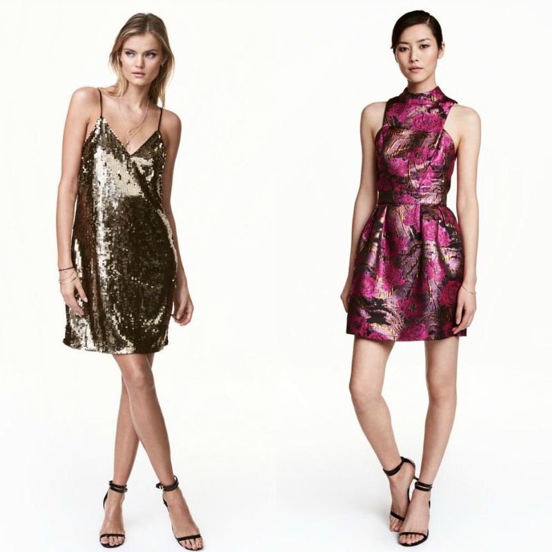 Woman wearing a gold sequin slip dress and black strappy heels, alongside a woman in a pink floral fit-and-flare dress and black ankle straps