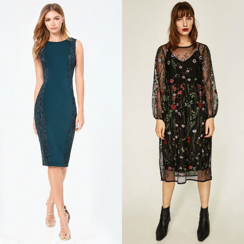 Woman wearing a teal bodycon dress with lace detailing and nude strappy heels, alongside a woman in a black sheer floral dress and black ankle boots