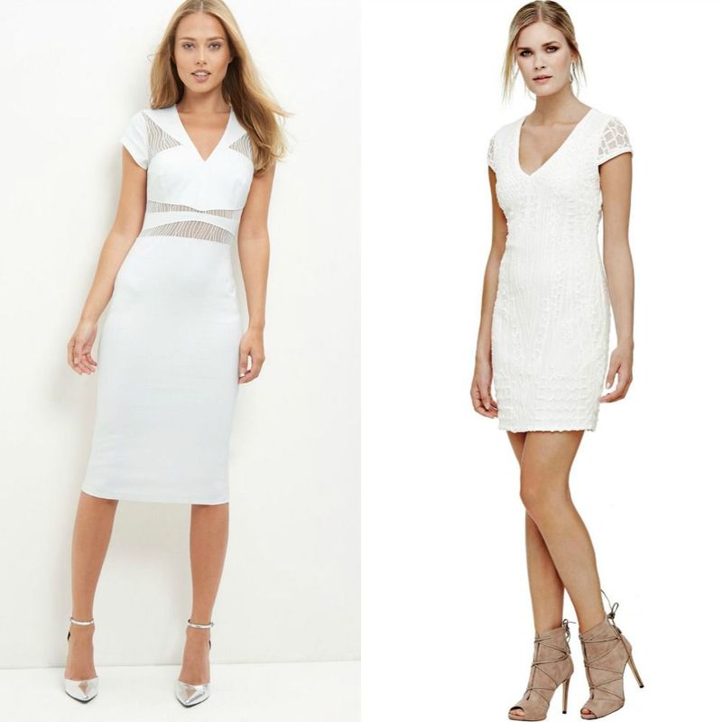 Woman wearing a white bodycon dress with sheer paneling and silver high heels, alongside another woman in a white lace mini dress and beige strappy heels