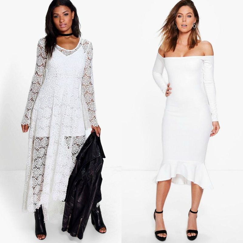 Woman wearing a white lace maxi dress with long sleeves and a black leather jacket, alongside a woman in a white off-the-shoulder midi dress with a ruffled hem and black strappy heels
