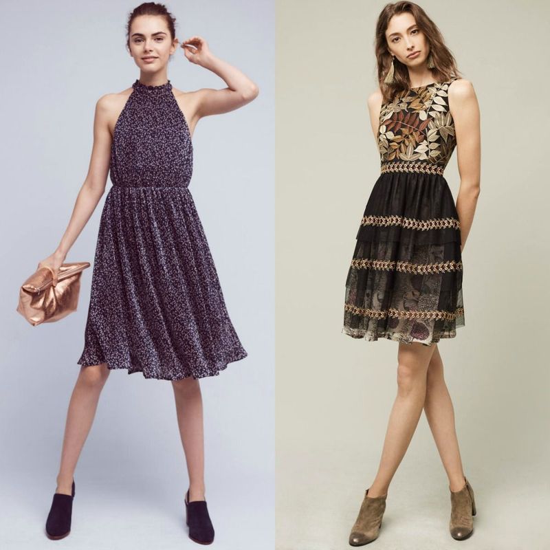 Woman wearing a black and white floral halter dress with a flared skirt and black ankle boots, holding a metallic clutch. Woman in a black embroidered sleeveless dress with a fitted bodice and a flared skirt, paired with olive green ankle boots