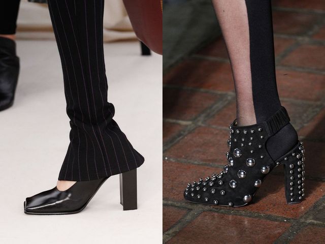 Close-up of black square-toed heels with a chunky heel and black studded ankle boots with silver embellishments
