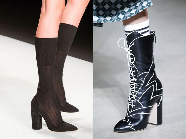 Close-up of black pointed-toe heels with a chunky heel and black knee-high socks, alongside black lace-up ankle boots with white detailing and a high heel