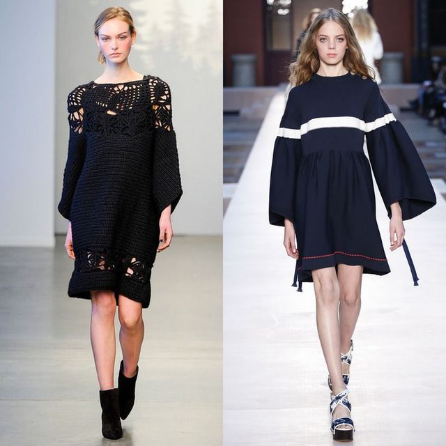 Woman wearing a black knitted dress with long sleeves and a fitted silhouette, alongside a woman in a navy blue dress with bell sleeves and white stripes