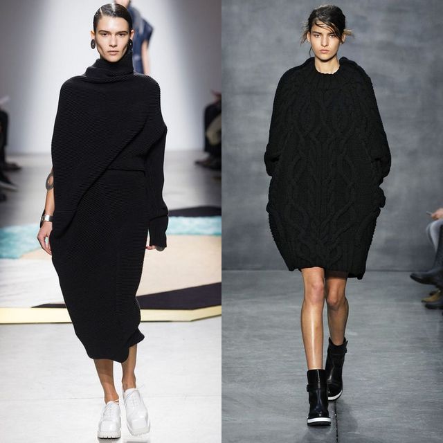 Woman wearing a black oversized knit dress with a high neckline and white chunky sneakers, alongside another woman in a black cable-knit sweater dress and black ankle boots