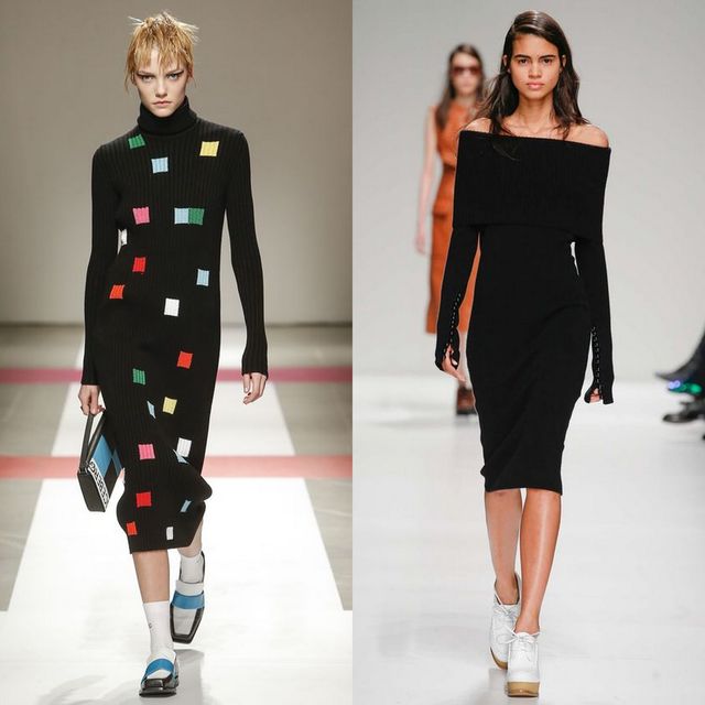 Woman wearing a black ribbed off-the-shoulder dress and white platform sneakers, alongside a woman in a black knit dress with colorful patches and blue block-heeled shoes