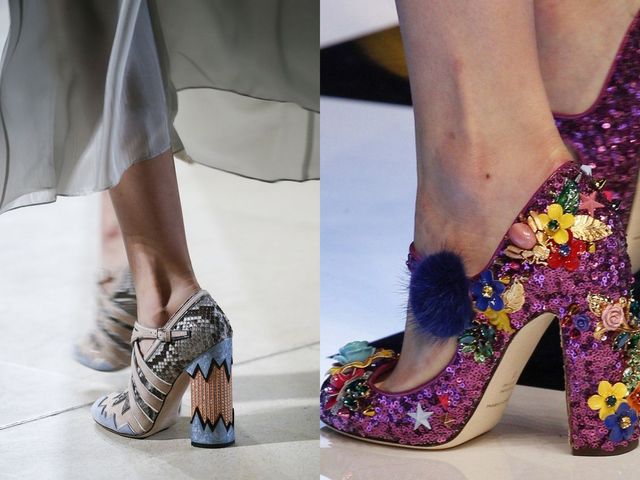 Close-up of two pairs of high-heeled shoes: one in grey and blue patterned fabric with a chunky heel, the other in purple sequins with floral embellishments and a pom-pom