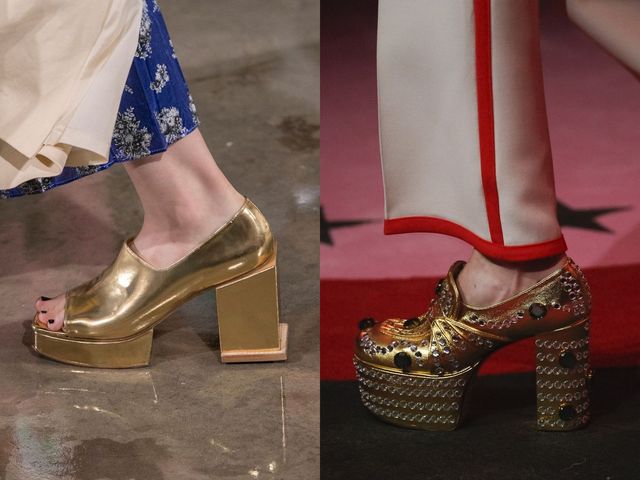 Close-up of gold platform heels with a chunky heel and open toe detail