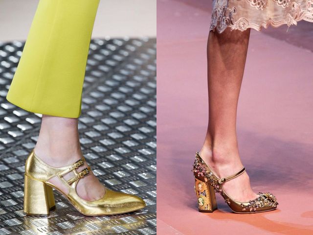 Close-up of a woman wearing gold metallic Mary Jane heels and brown embellished high heels with a decorative block heel