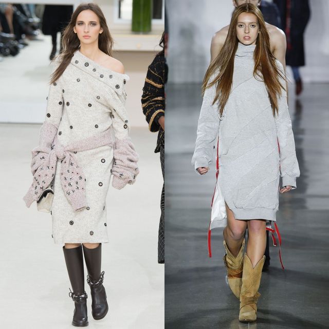 Woman wearing a light grey oversized sweater dress with a side slit and black knee-high boots, alongside another woman in a grey sweatshirt dress with red accents and tan cowboy boots