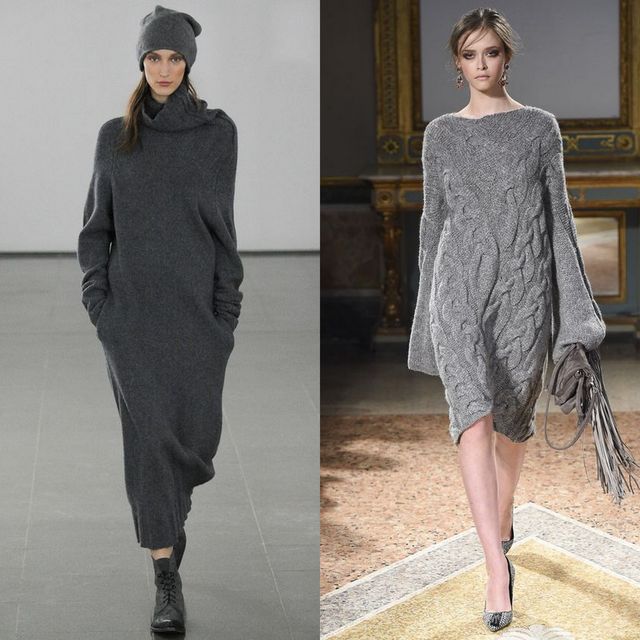 Woman wearing a long gray knitted dress, gray beanie, and black lace-up boots on the left; woman in a gray cable-knit dress with oversized sleeves and gray heels on the right