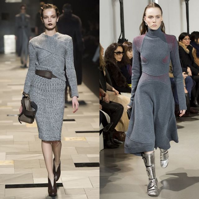 Woman wearing a grey knitted dress with a fitted silhouette and brown heels, alongside another woman in a blue turtleneck dress and metallic knee-high boots