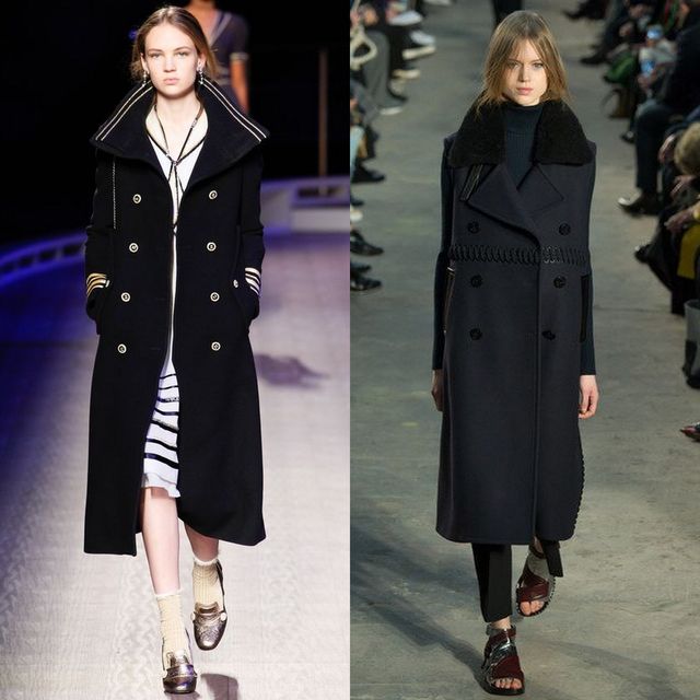 Woman wearing a black double-breasted coat with gold buttons, layered over a striped dress and paired with brown sandals