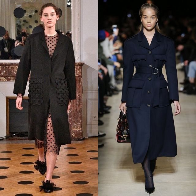 Woman wearing a black coat with textured details over a sheer polka dot dress and a navy belted coat with pockets