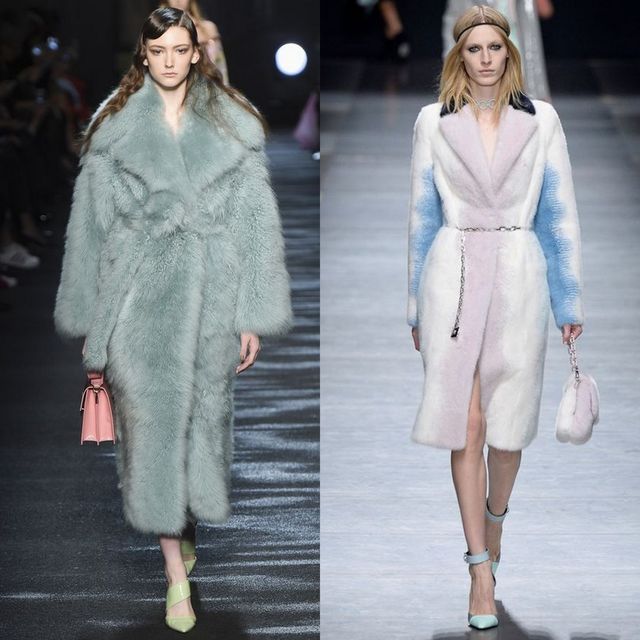 Two women wearing oversized fur coats; one in a light blue coat with a pink handbag and the other in a pastel pink and white coat with mint green heels