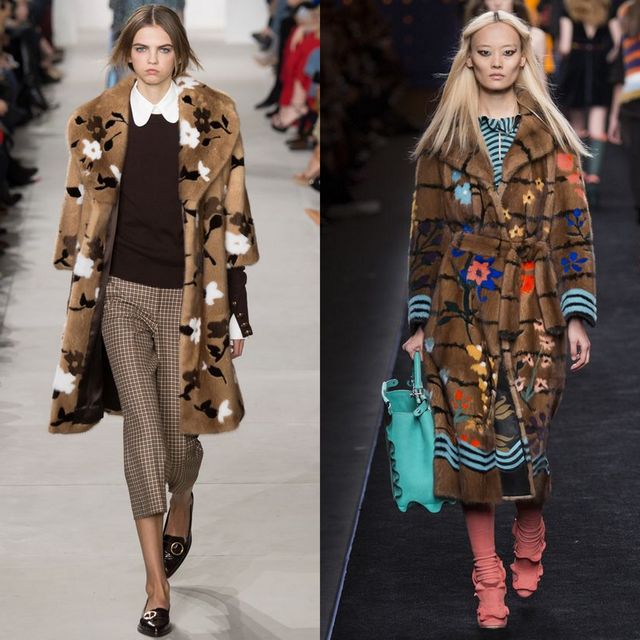 Woman wearing a brown and white faux fur coat, brown sweater, and checkered trousers with black loafers, alongside another woman in a patterned brown coat, blue striped top, and pink ankle boots with a green handbag