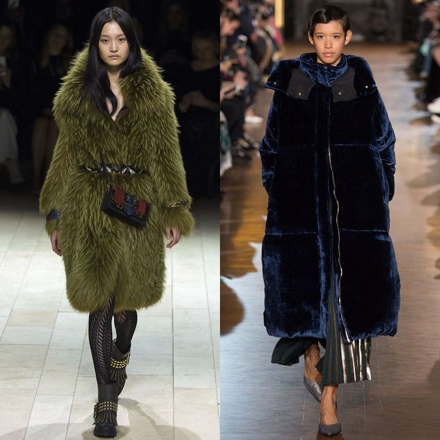 Two women wearing green faux fur coats, one with a black belt and the other in navy blue, paired with black leggings and ankle boots