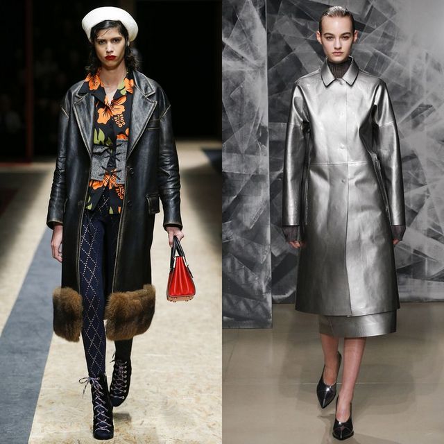 Woman wearing a black leather coat with fur trim, floral blouse, patterned tights, and black lace-up boots; woman in a silver metallic coat and pointed black heels