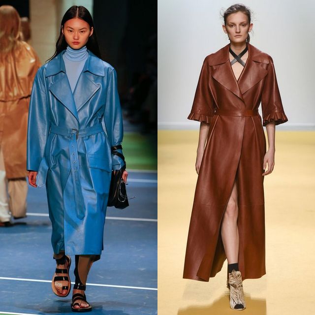Woman wearing a blue leather trench coat, light blue turtleneck, and black sandals on the left; woman in a brown leather wrap dress and beige ankle boots on the right