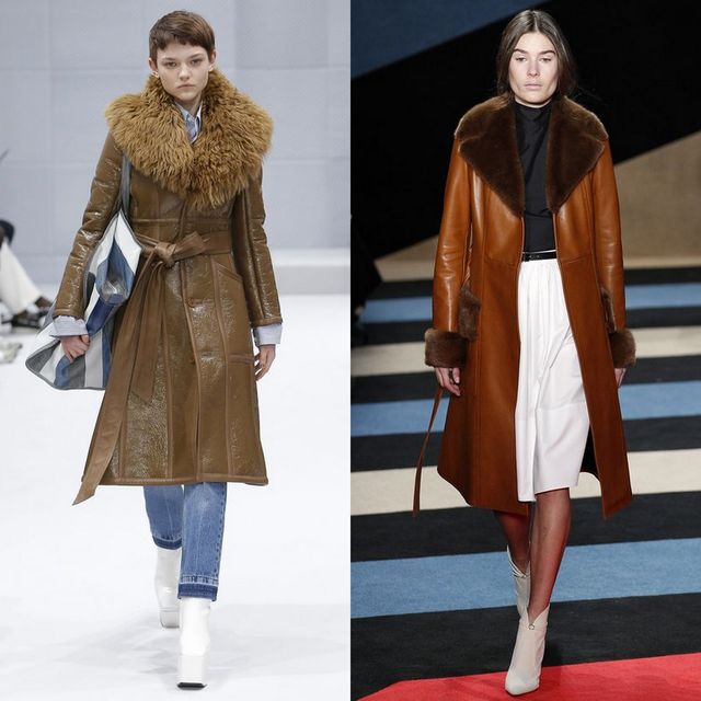 Woman wearing a brown leather coat with a fur collar, blue jeans and white ankle boots, alongside another woman in a brown fur-trimmed coat, black turtleneck and white skirt with white ankle boots