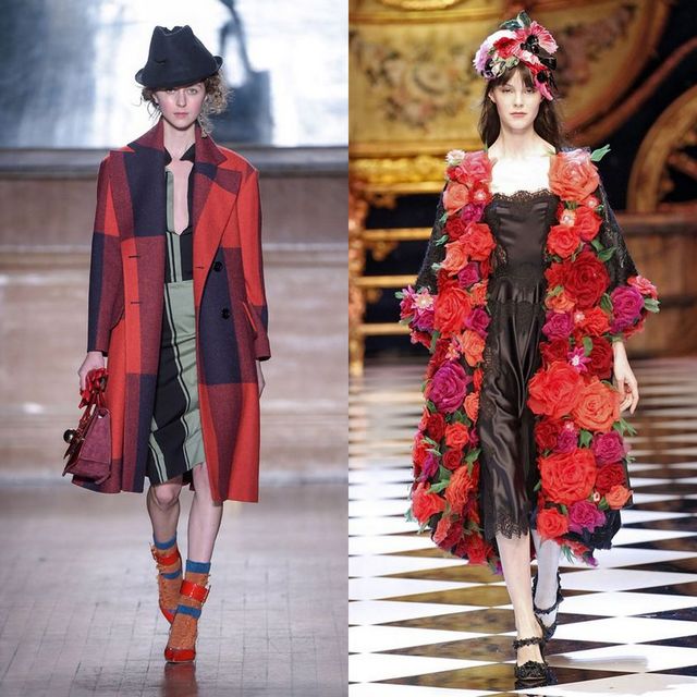 Woman wearing a red and black plaid coat over a green dress with blue socks and red shoes, alongside a woman in a black dress with a floral red and pink coat and black heels