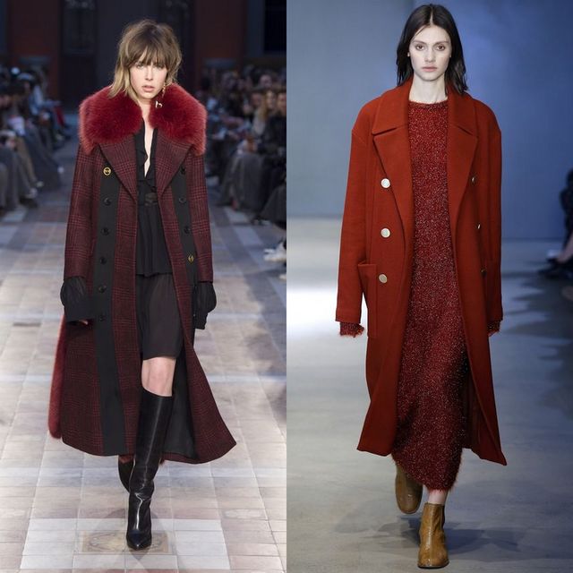 Woman wearing a red double-breasted coat with a fur collar, black dress, and black knee-high boots, alongside another woman in a red knit dress and brown ankle boots