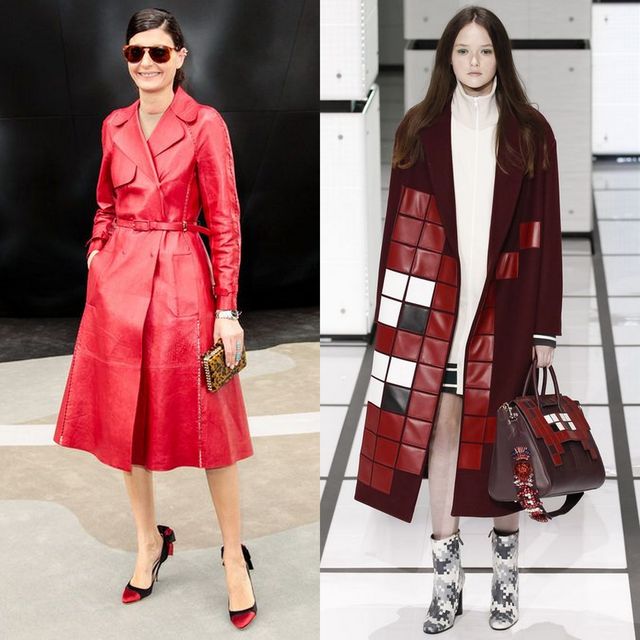 Woman wearing a red leather trench coat, black heels, and holding a metallic clutch, alongside another woman in a burgundy oversized coat with geometric patterns and silver ankle boots