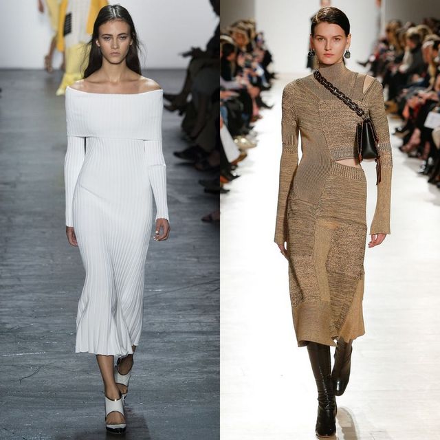 Woman wearing a white ribbed off-the-shoulder dress and black block-heeled sandals, alongside a woman in a beige knit dress with long sleeves and black knee-high boots