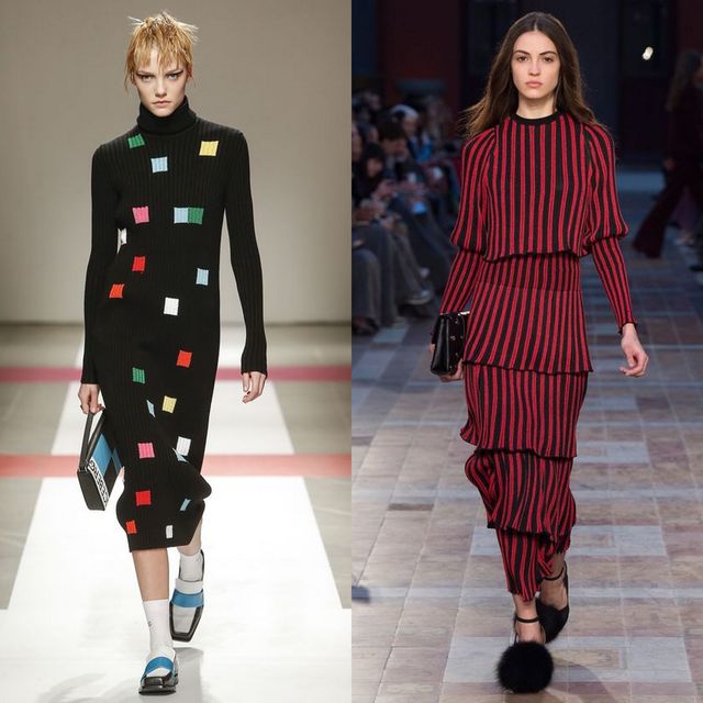 Woman wearing a black ribbed knit dress with colorful patches and blue slip-on shoes, alongside a woman in a red and black striped dress with ruffles and black heels