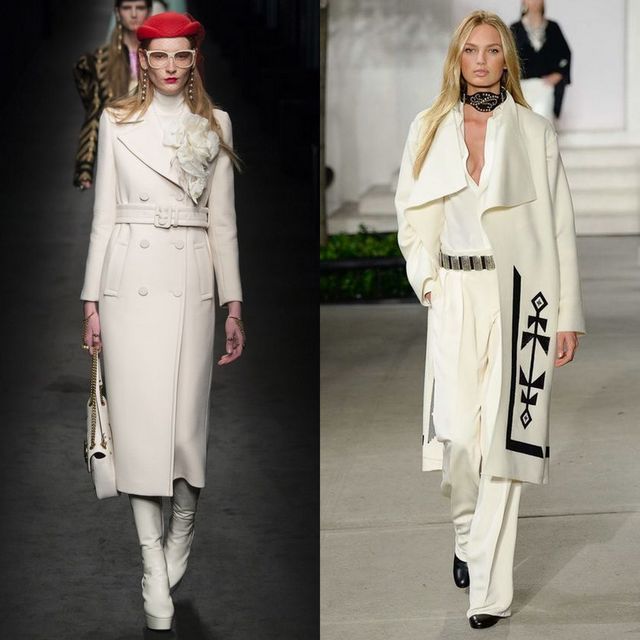 Woman wearing a white double-breasted coat, white high-neck blouse, and white wide-leg trousers with white knee-high boots