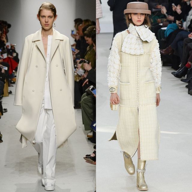 Woman wearing a white oversized coat, white blouse, and white trousers with white sneakers; woman in a cream quilted coat, white turtleneck, and beige ankle boots with a brown hat