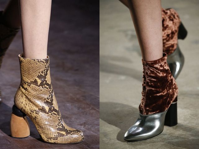 Close-up of two pairs of ankle boots: one in yellow snake print with a block heel, the other in brown velvet with a metallic heel