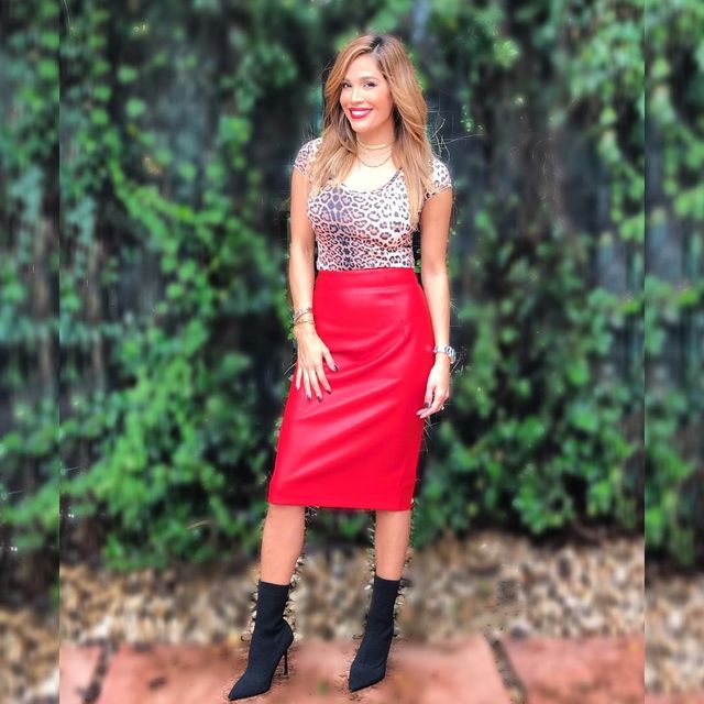 Red leather skirt outfit