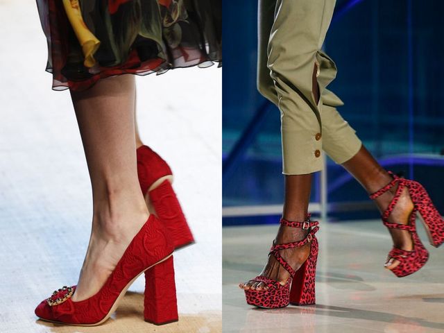 Close-up of red block-heeled sandals with floral texture and a peep toe, paired with a black and red patterned high-heeled sandal with ankle straps