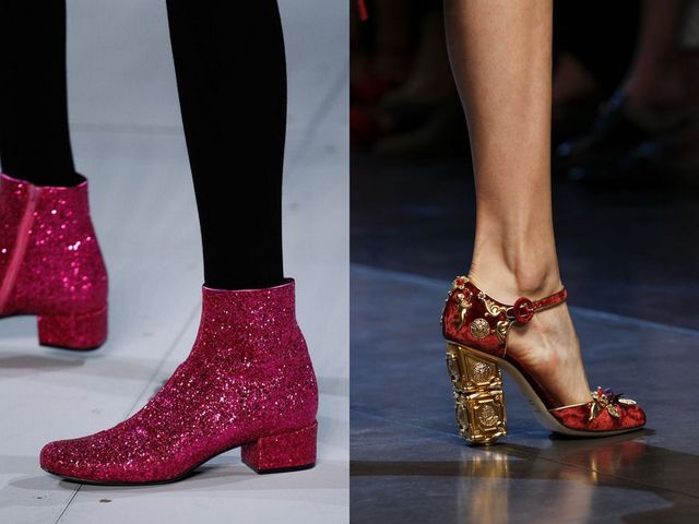 Close-up of pink glitter ankle boots and gold embellished high-heeled sandals with a strap
