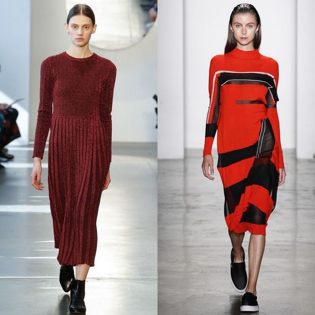 Woman in a burgundy ribbed knit dress with a pleated skirt and black ankle boots, alongside a woman in a red and black striped midi dress with a fitted silhouette and black slip-on shoes