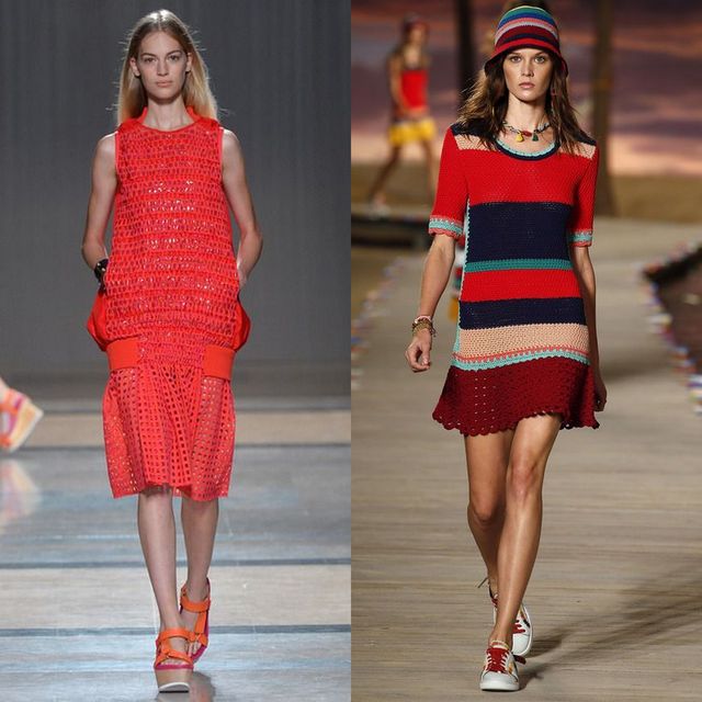 Woman in a red knitted dress with a flared hem and white sandals, alongside a woman wearing a striped red and blue knitted dress with white sneakers