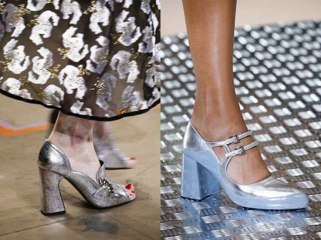 Close-up of silver glitter high heels with a peep toe and silver Mary Jane block heels