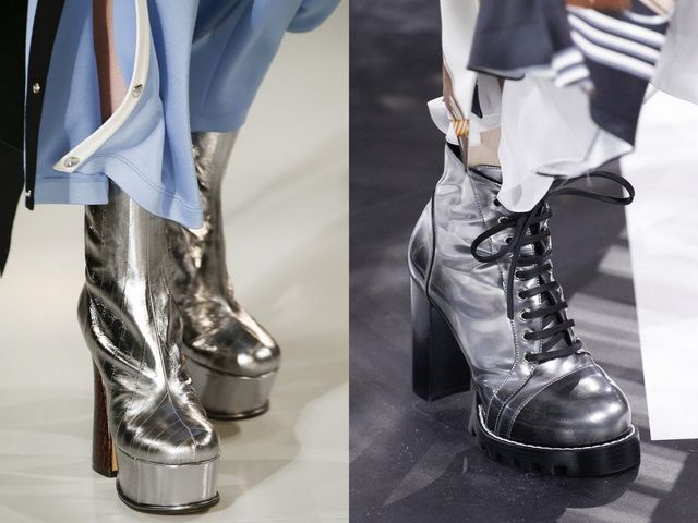 Close-up of silver platform ankle boots with a shiny finish and black lace-up combat boots with a chunky heel