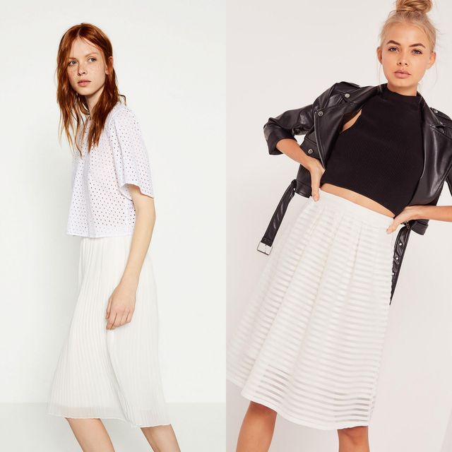 Woman wearing a white eyelet crop top and a white pleated midi skirt, alongside a woman in a black cropped tank top and a black leather jacket with a white pleated midi skirt