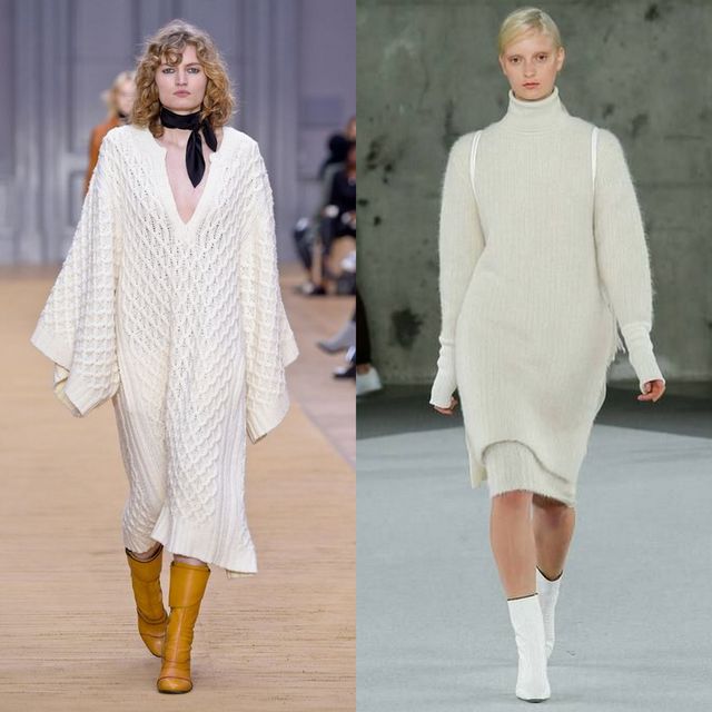 Woman wearing a white oversized knitted dress with a deep V-neck and wide sleeves, paired with orange knee-high boots; woman in a white ribbed turtleneck dress with long sleeves and white ankle boots