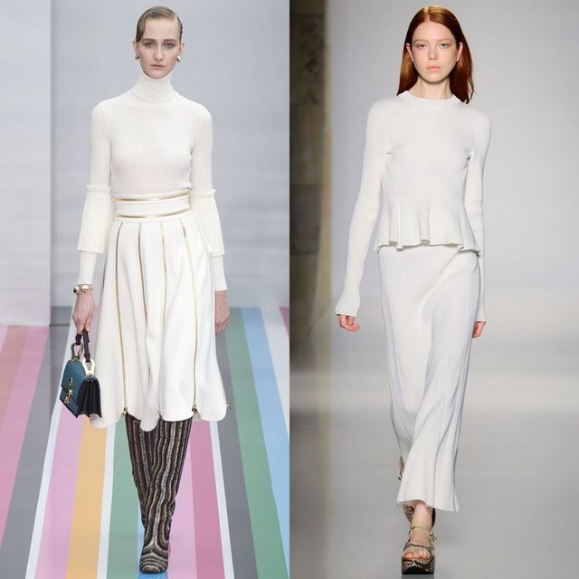Woman wearing a white turtleneck sweater, white pleated midi skirt, and patterned knee-high boots on the left; woman in a white long-sleeve top and white maxi skirt on the right