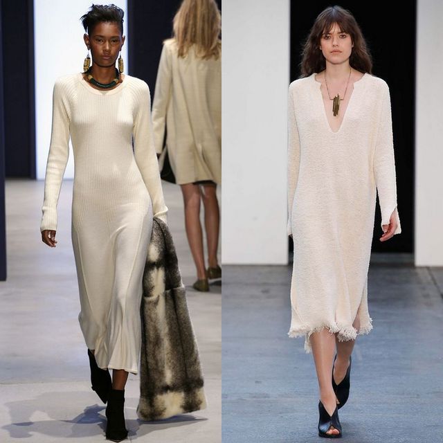 Woman wearing a cream ribbed knit dress with a deep V-neck and black ankle boots, alongside another woman in a cream textured dress with frayed hem and open-toe heels
