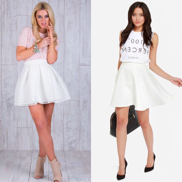 Woman wearing a light pink knit top, white flared skirt and beige ankle boots on the left; woman in a white graphic tank top, white flared skirt and black heels on the right