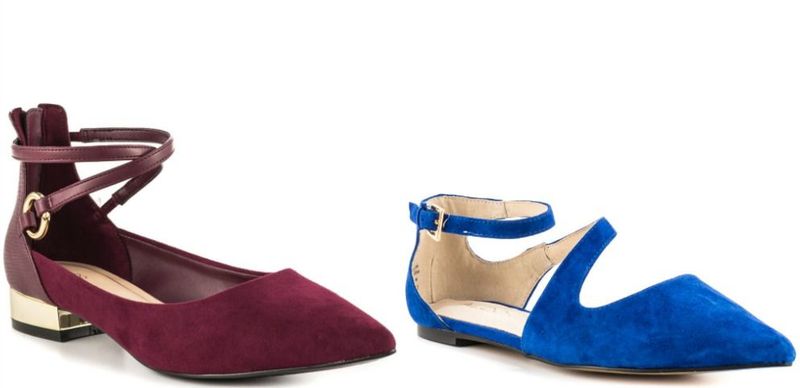 Close-up of burgundy flat shoes with ankle straps and blue suede flats with cut-out details